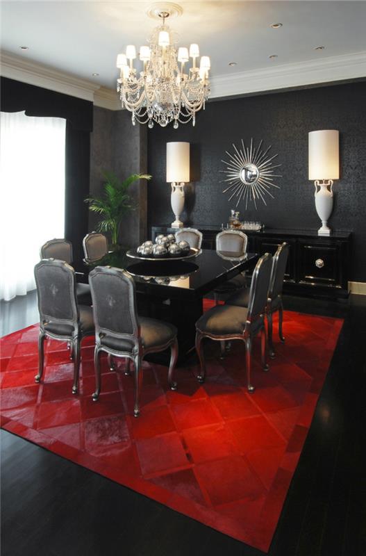 seinän väri musta ruokasali sisustus punainen matto musta lattia