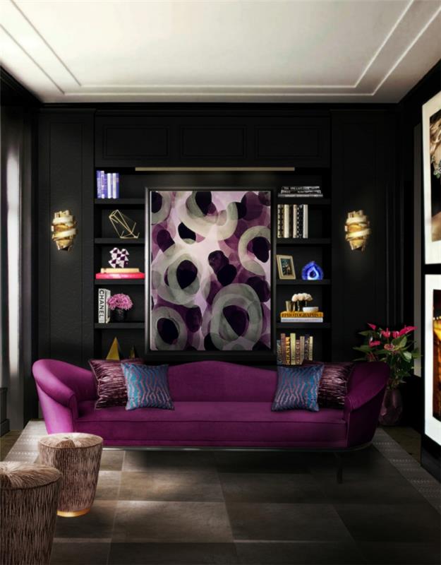 seinän väri musta violetti sohva olohuoneen sisustusideoita valaistus