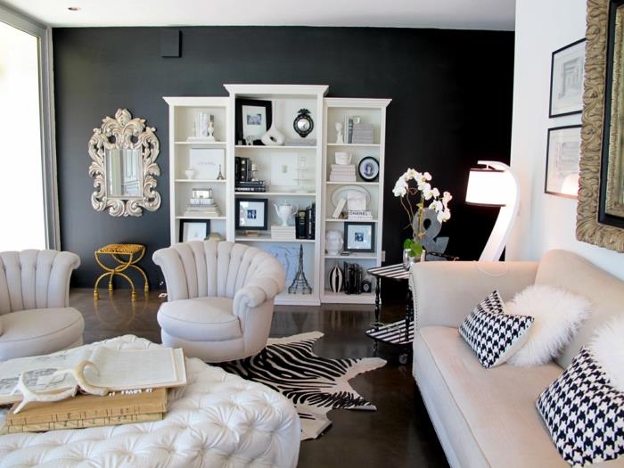 seinän väri mustavalkoiset huonekalut olohuone musta aksentti seinämatto