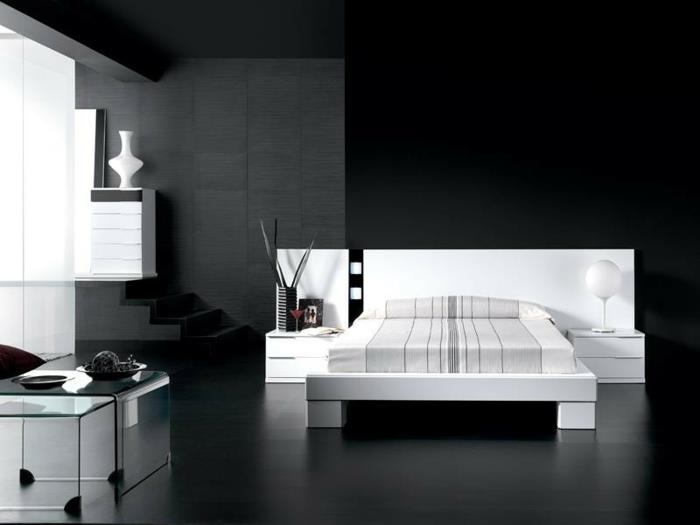 seinän väri musta valkoinen sänky sisätilojen portaat lasipöydät