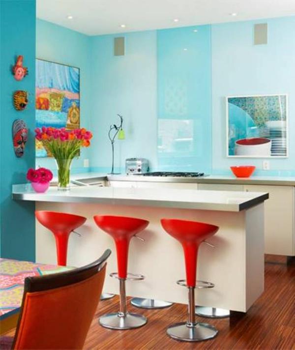 seinän väri turkoosi keittiöpöytä punainen baarituoli