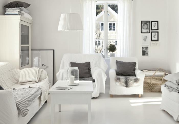 seinän väri valkoinen valkoinen lattia skandinaavinen sisustus tyylikkäät ilmavat verhot