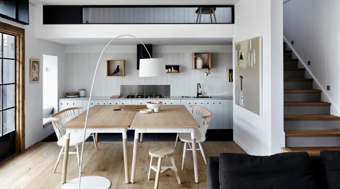 seinän väri valkoinen seinän suunnittelu puupanelointi keittiö takaseinä ruokapöytä tuolit keittiön kalusteet