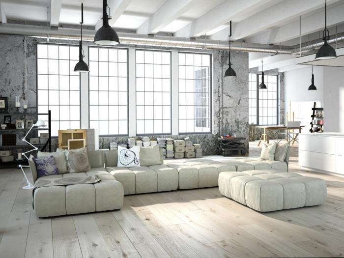 seinän väri valkoinen seinän suunnittelu parvi huoneisto teollisuus tyyli riippuvalaisimet sohva suuret puulattiat betoniset seinät