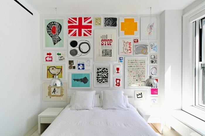 seinän väri valkoinen seinän suunnittelu makuuhuone parivuode kuvat kollaasi seinäkoriste