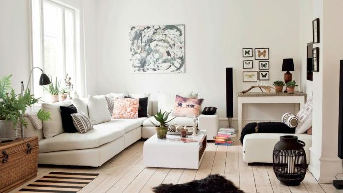 seinän väri valkoinen olohuone skandinaavinen elävä puulattia valkoinen sohva nojatuoli sohvapöytä