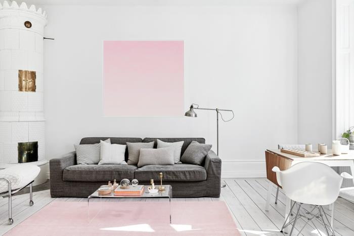 seinän väri valkoinen seinän suunnittelu herkkä vaaleanpunainen puulattia pyöreä takka harmaa sohva lattiavalaisin metalli