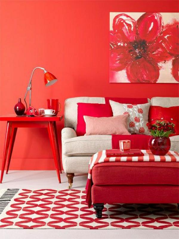 seinämaalit kuvat olohuoneen väriideat punainen seinäkuvioitu matto