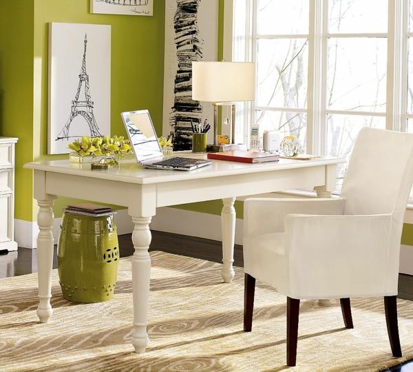 seinämaali ideoita työpaikka valkoinen pöytä nojatuoli vihreä seinämaali