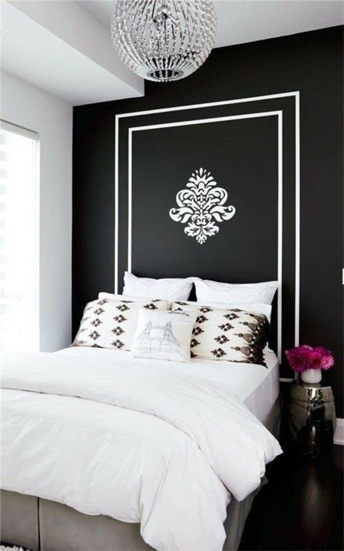 seinän värit ideoita makuuhuone musta aksentti seinä valkoinen vuodevaatteet kukat