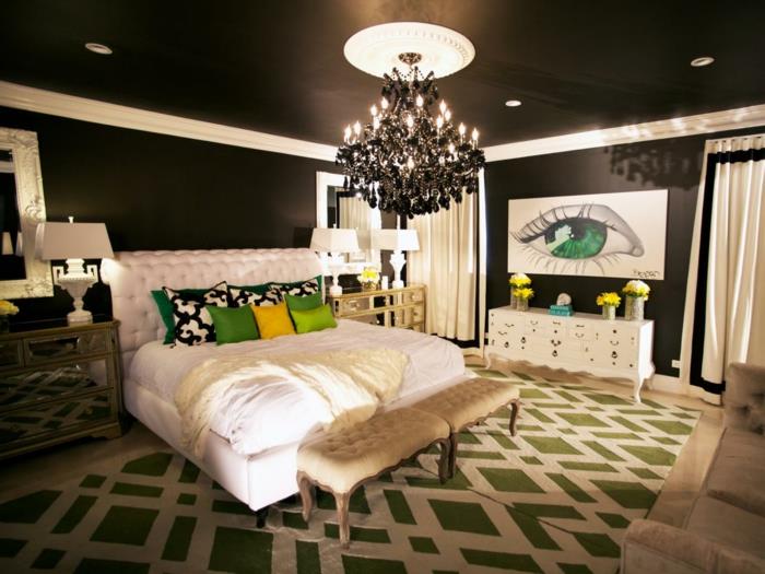 seinän värit ideoita musta makuuhuone valkoinen sänky vihreä elementtejä