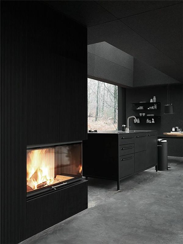 seinämaali ideoita musta seinämaali keittiö keittiö saari takka