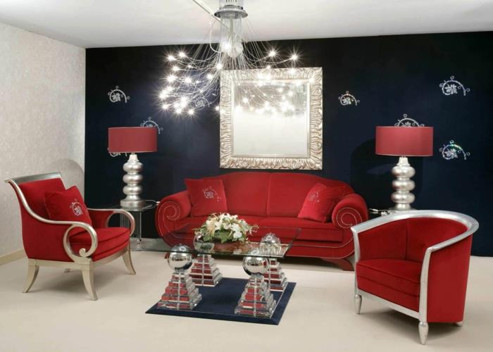 seinän värit ideoita olohuone punainen huonekalut musta aksentti seinä lasi pöytä