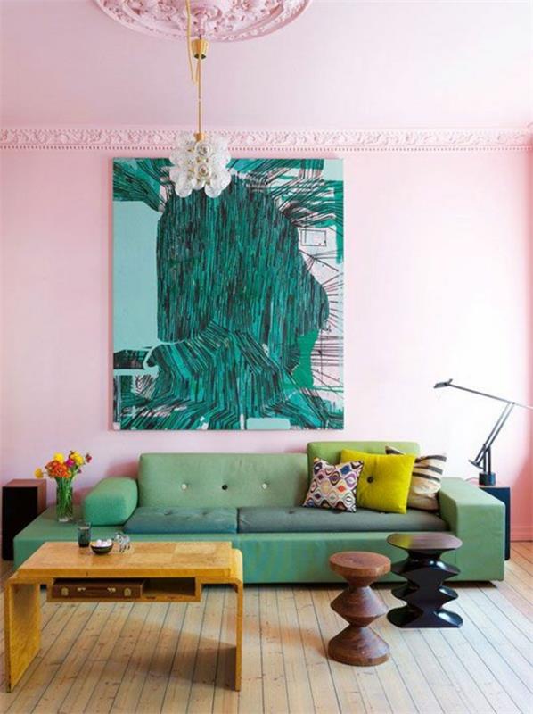 seinän värit olohuone vaaleanpunainen vihreä rohkea värimaailma