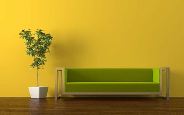 seinän värit olohuone lämmin värimaailma keltainen olohuone sohva vihreä