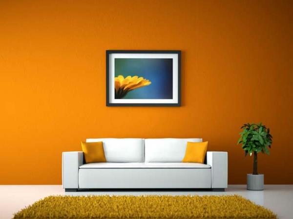 seinän värit olohuone lämmin värimaailma oranssi keltainen