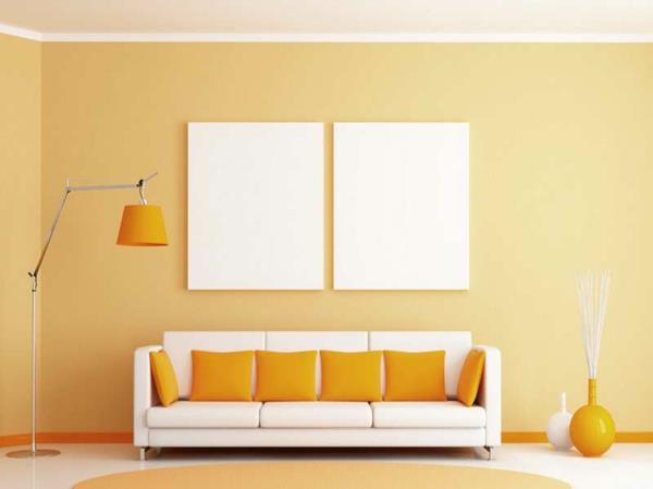 seinän värit olohuone lämmin värimaailma pastellivärit keltainen