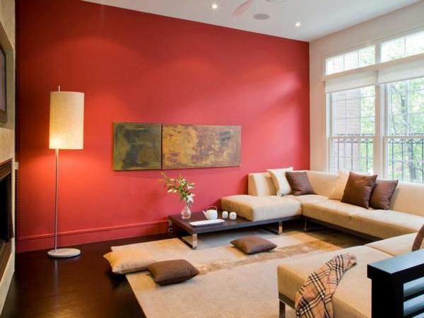 seinän värit olohuone lämmin värimaailma punainen aksentti seinä