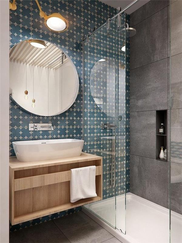 seinälaatat kylpyhuone kaunis kuvio pyöreä seinäpeili riippuvalaisimet