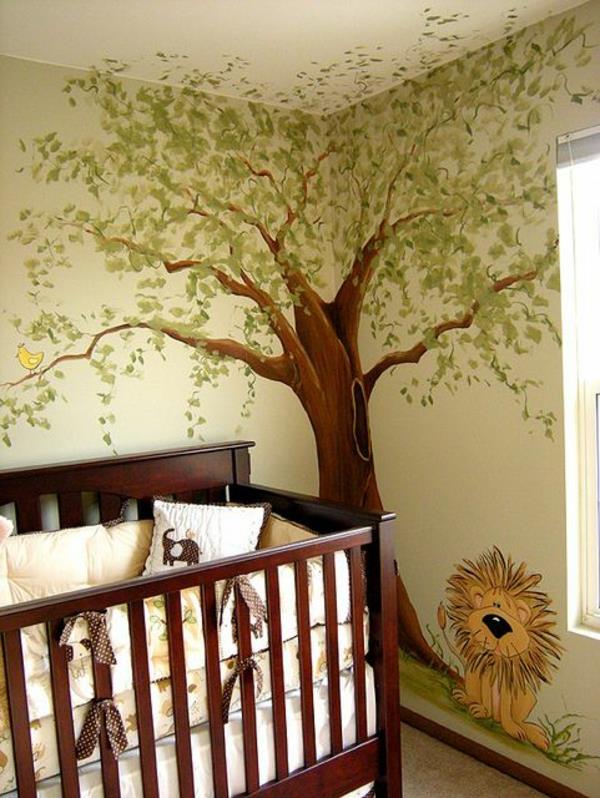 seinän suunnittelu vauvan huone pinnasänky seinämaalaus puu leijona