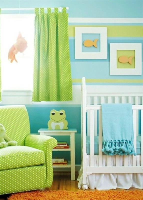 seinän suunnittelu vauvan huone raidat kuvat vihreä nojatuoli