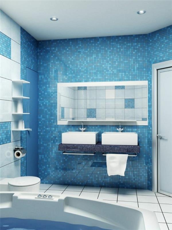 seinän suunnittelu kylpyhuone sininen kylpyhuoneen laatat valkoiset lattialaatat