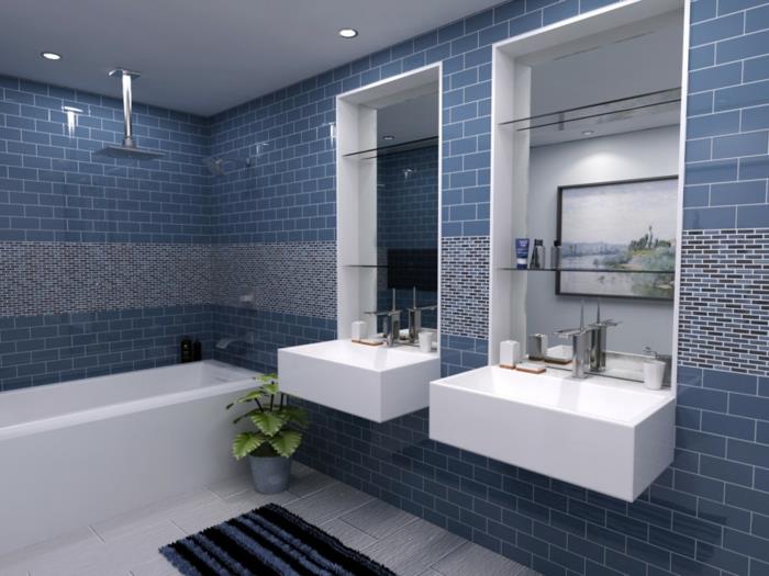 seinän suunnittelu kylpyhuoneen sävyt sininen mosaiikkilaatat kasvi