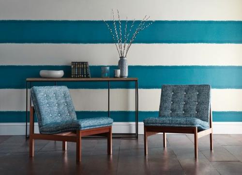 seinän suunnittelu sininen raita kuvio olohuoneen suunnitteluideoita retro -tyyliin