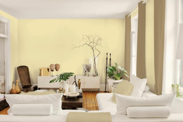 seinän suunnitteluideoita vaaleankeltaiset seinät valkoiset huonekalut kotiideoita olohuone