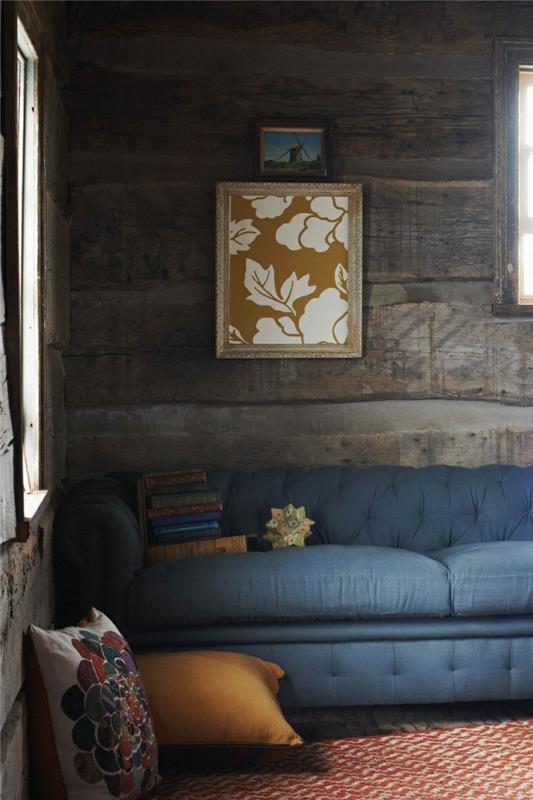 seinän suunnitteluideoita puupaneelit olohuone sininen sohva