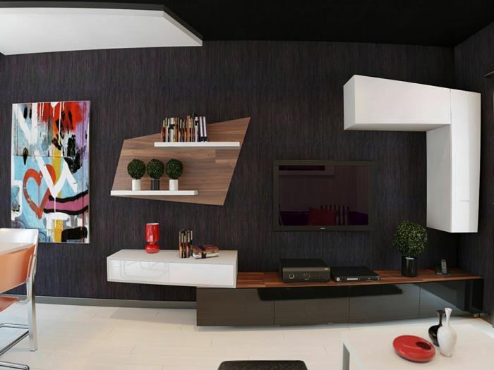 Seinäsuunnitteluideoita modernissa olohuoneessa tyylikkäissä tummissa sävyissä