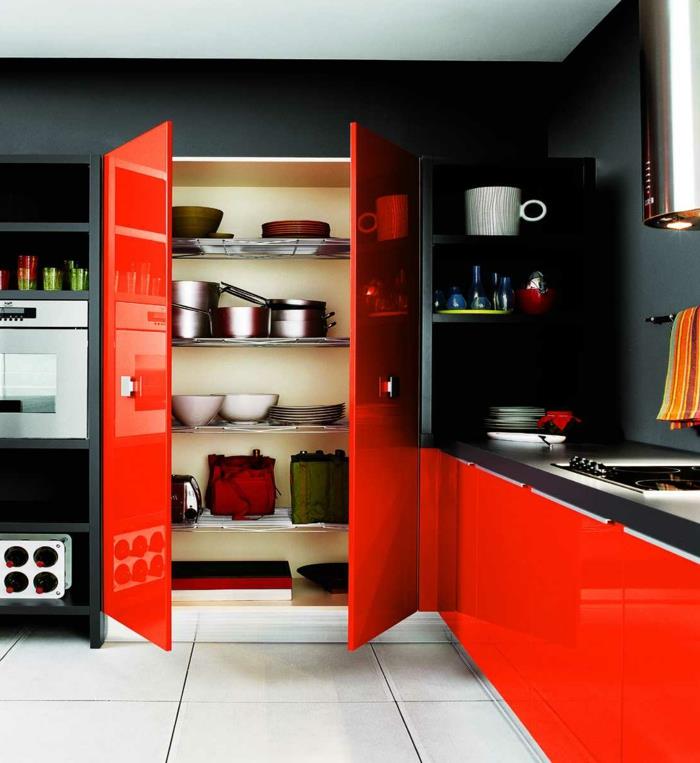 seinän suunnitteluideat keittiö punainen keittiökaapit valkoiset lattialaatat