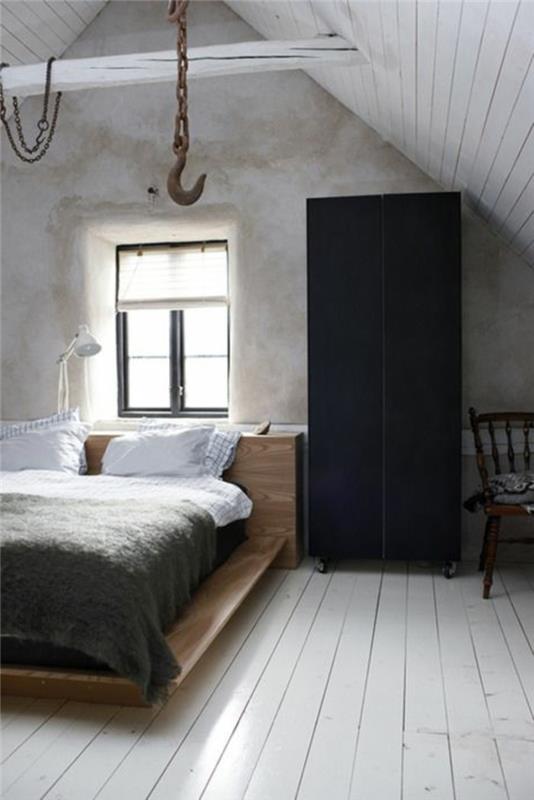 seinän suunnitteluideat makuuhuone betoniseinät musta vaatekaappi vaalea lattia