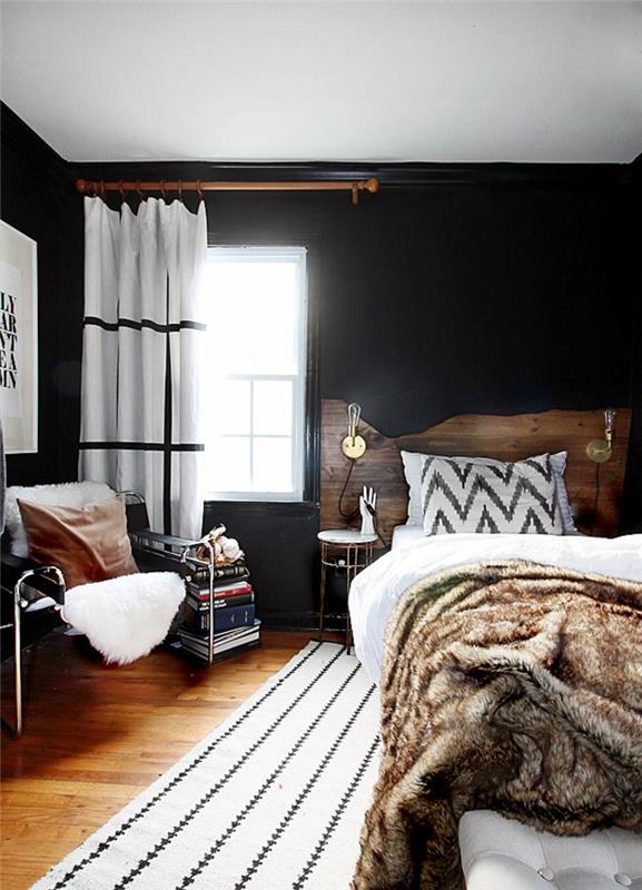 seinän suunnitteluideat makuuhuone musta seinät maalaismainen sänky pääty valkoinen matto raidat
