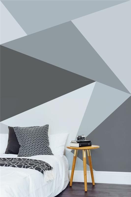 seinän suunnitteluideoita makuuhuoneen seinätaustakuva geometrinen kuvio sivupöytä tumma lattia