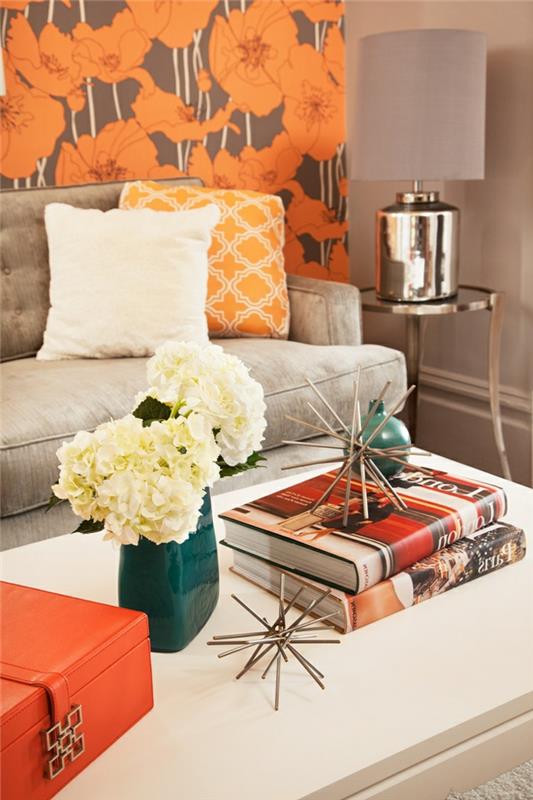 seinän suunnitteluideoita seinätaustakuva olohuoneen sohva kukka oranssi