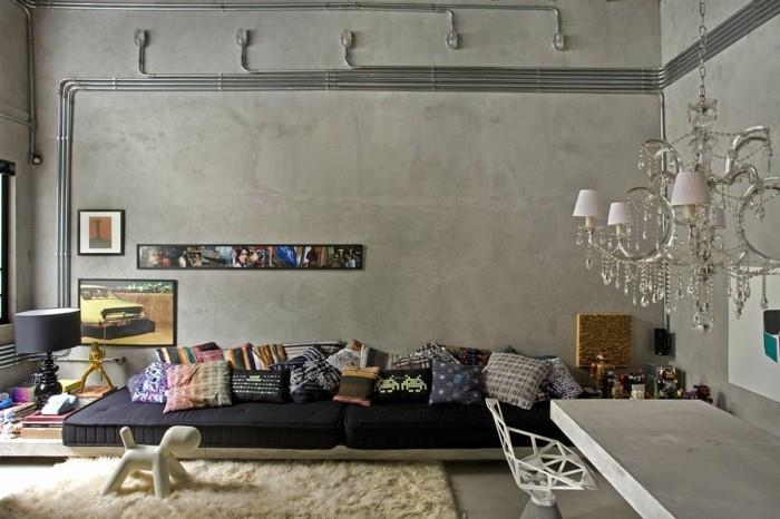 seinän suunnitteluideoita olohuoneen ideoita olohuoneen kattokruunu betoniseinät