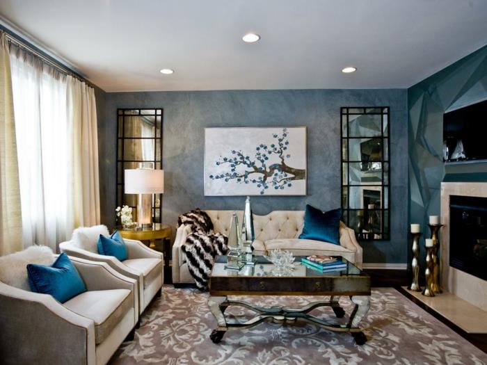 seinäsuunnitteluideoita kotiideoita olohuone tyylikkäät siniset seinät peilipinnat