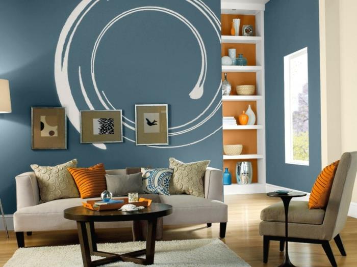 seinän suunnitteluideoita olohuoneen siniset seinät korostavat oransseja elementtejä