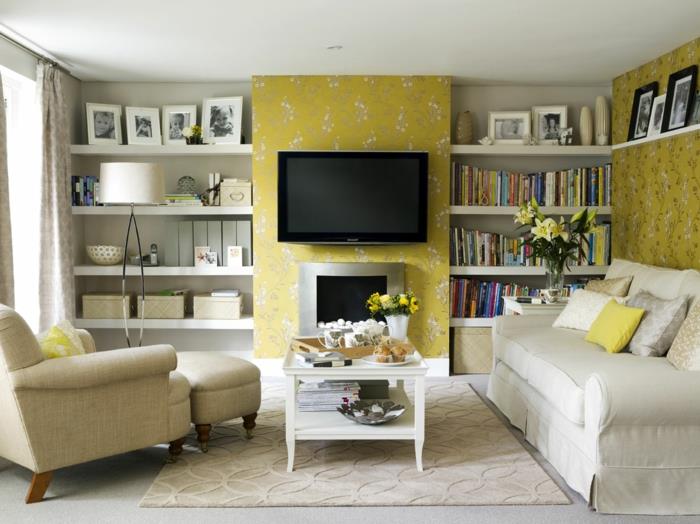 seinän suunnitteluideat olohuone kukkakuvio hylly seinävalaisin huonekalut tv