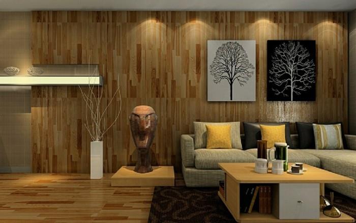 seinän suunnitteluideat olohuone puu moderni valaistus