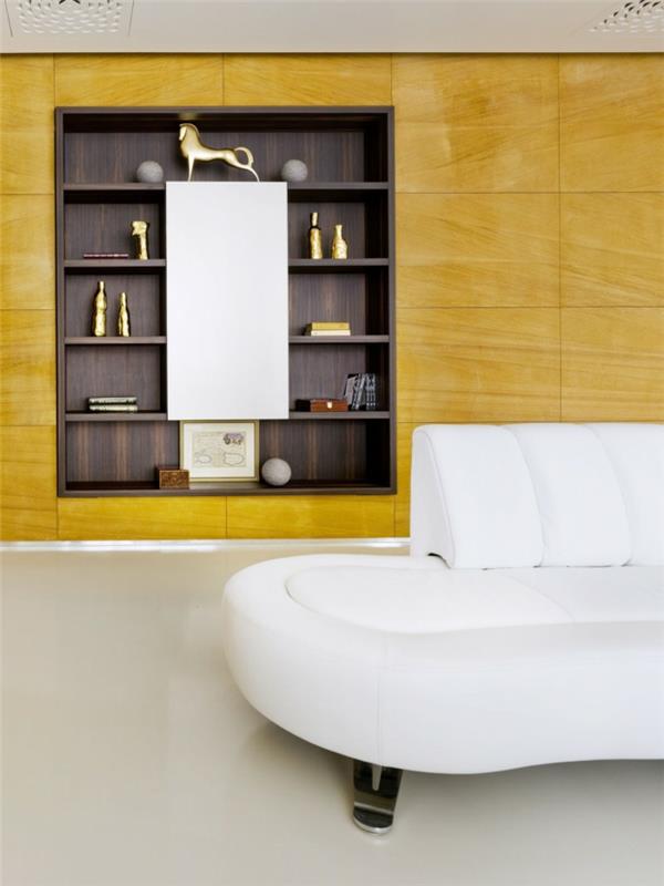 seinän suunnitteluideat olohuone valkoinen sohva keltaiset paneelit