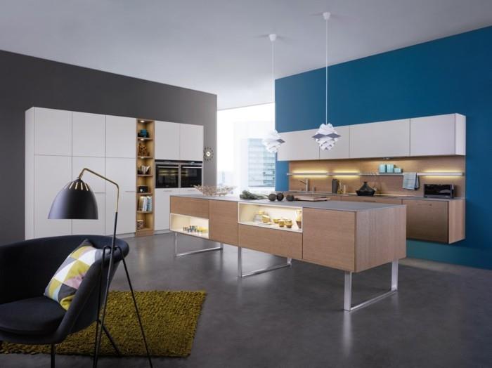 seinän suunnittelu keittiö sininen ja harmaa yhdistyvät