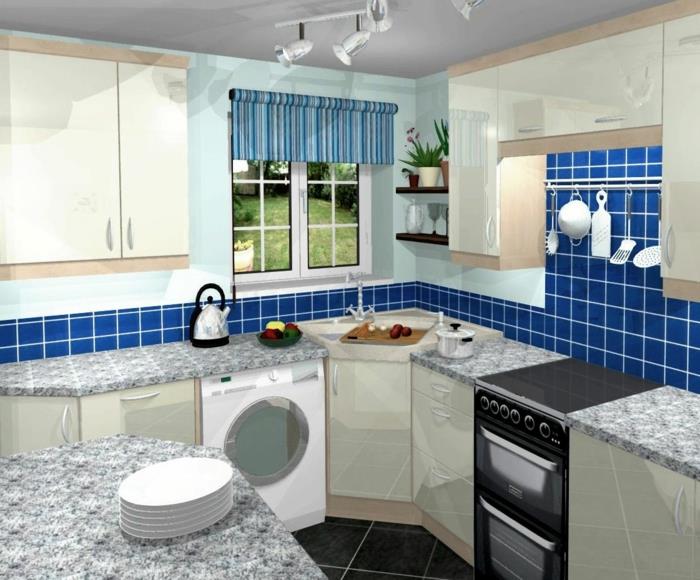 seinän suunnittelu keittiö sininen seinälaatat roomalainen kaihtimet perustaa pieni keittiö