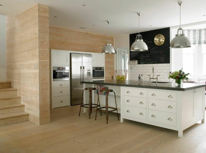 seinän suunnittelu keittiö puinen aksentti seinä ja valkoinen keittiösaari
