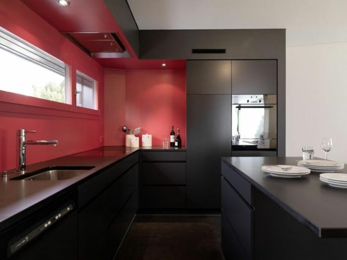 seinän suunnittelu keittiö punainen seinän väri musta keittiökaapit