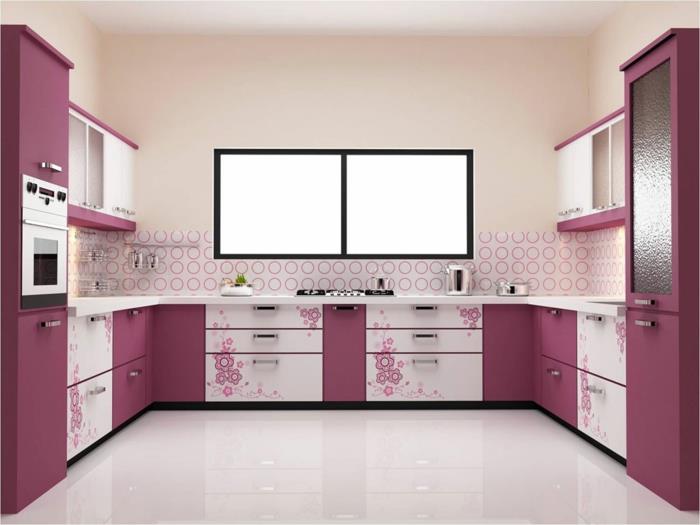seinän suunnittelu keittiö seinälaatat vaaleanpunainen keittiökaapit valkoinen lattia