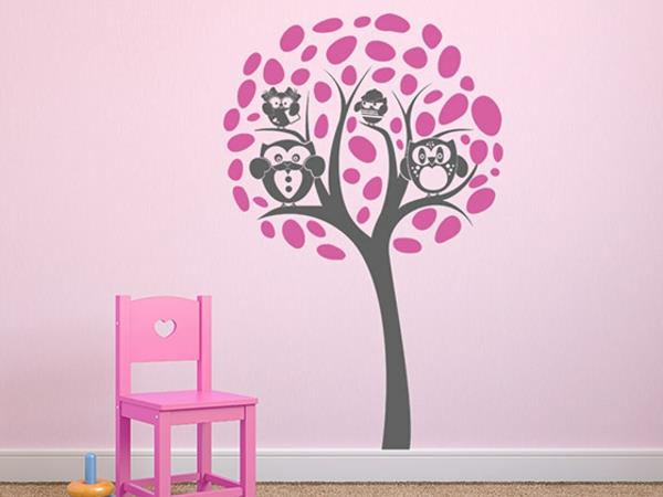 lastenhuoneen seinätarran koristaminen puu pöllöt vaaleanpunainen seinämaali tyttöjen huone