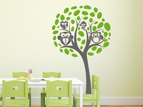 lastenhuoneen seinätarrojen koristaminen puu pöllöt seinämaali vihreä leikkihuone