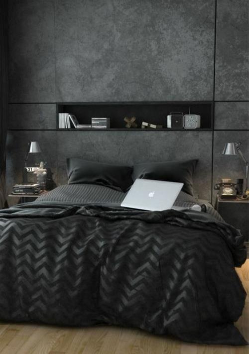 seinän suunnittelu makuuhuoneen sänky musta käytännöllinen betoninen ilme